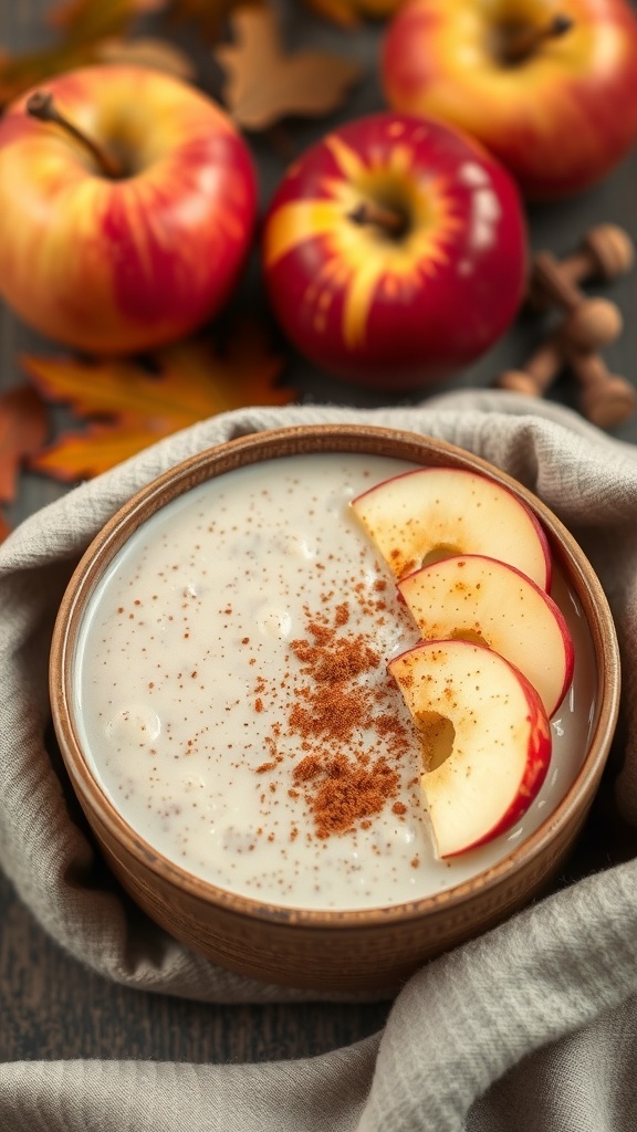 A bowl of apple cinnamon chia seed pudding topped with apple slices and cinnamon, surrounded by fresh apples and autumn leaves.