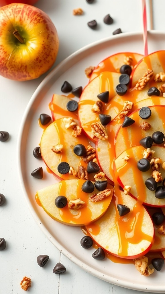 A plate of apple nachos topped with caramel, chocolate chips, and nuts.