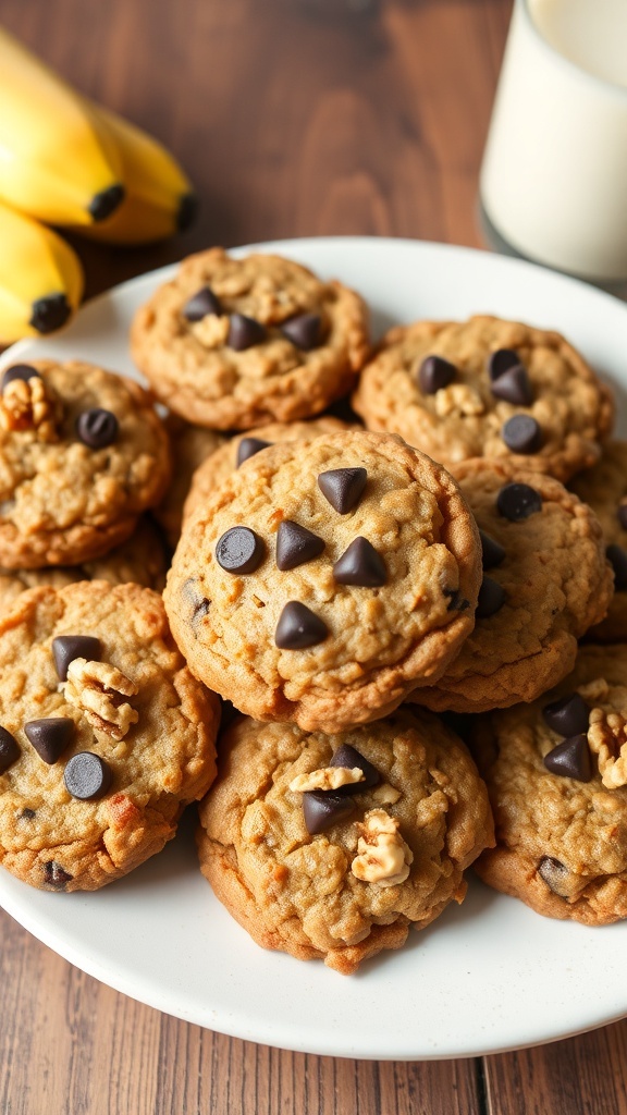 Plate of fruity banana oatmeal cookies with chocolate chips and walnuts, alongside bananas and a glass of milk.