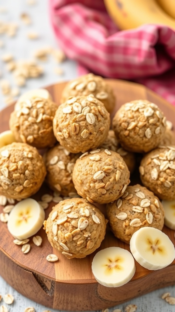 A stack of Fruity Banana Oatmeal Energy Bites with banana slices on top, surrounded by colorful flowers.