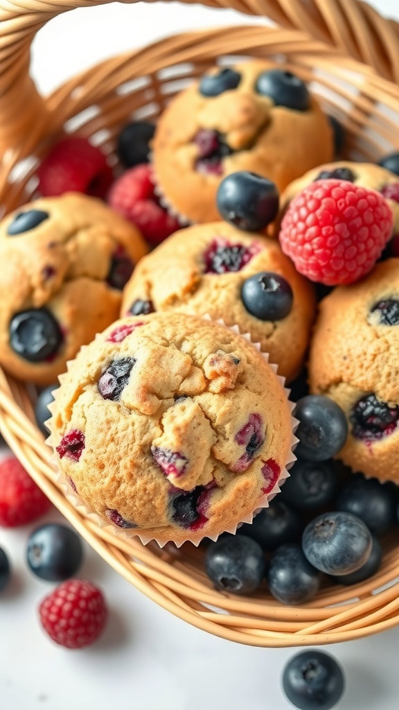 A basket filled with fruity berry muffins, featuring blueberries and raspberries.