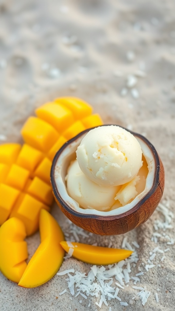 Mango coconut sorbet in a coconut shell with mango slices and shredded coconut on a sandy surface.