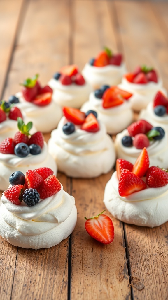 Mini berry pavlovas topped with fresh strawberries, blueberries, and raspberries, surrounded by flowers.