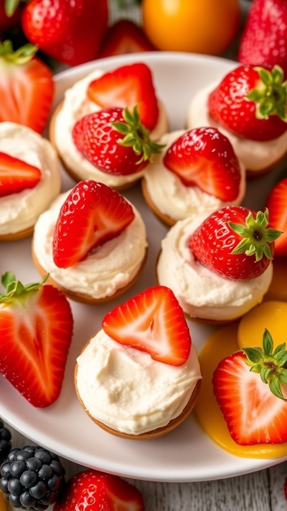 No-bake strawberry cheesecake bites on a plate, surrounded by fresh strawberries and yellow tomatoes.
