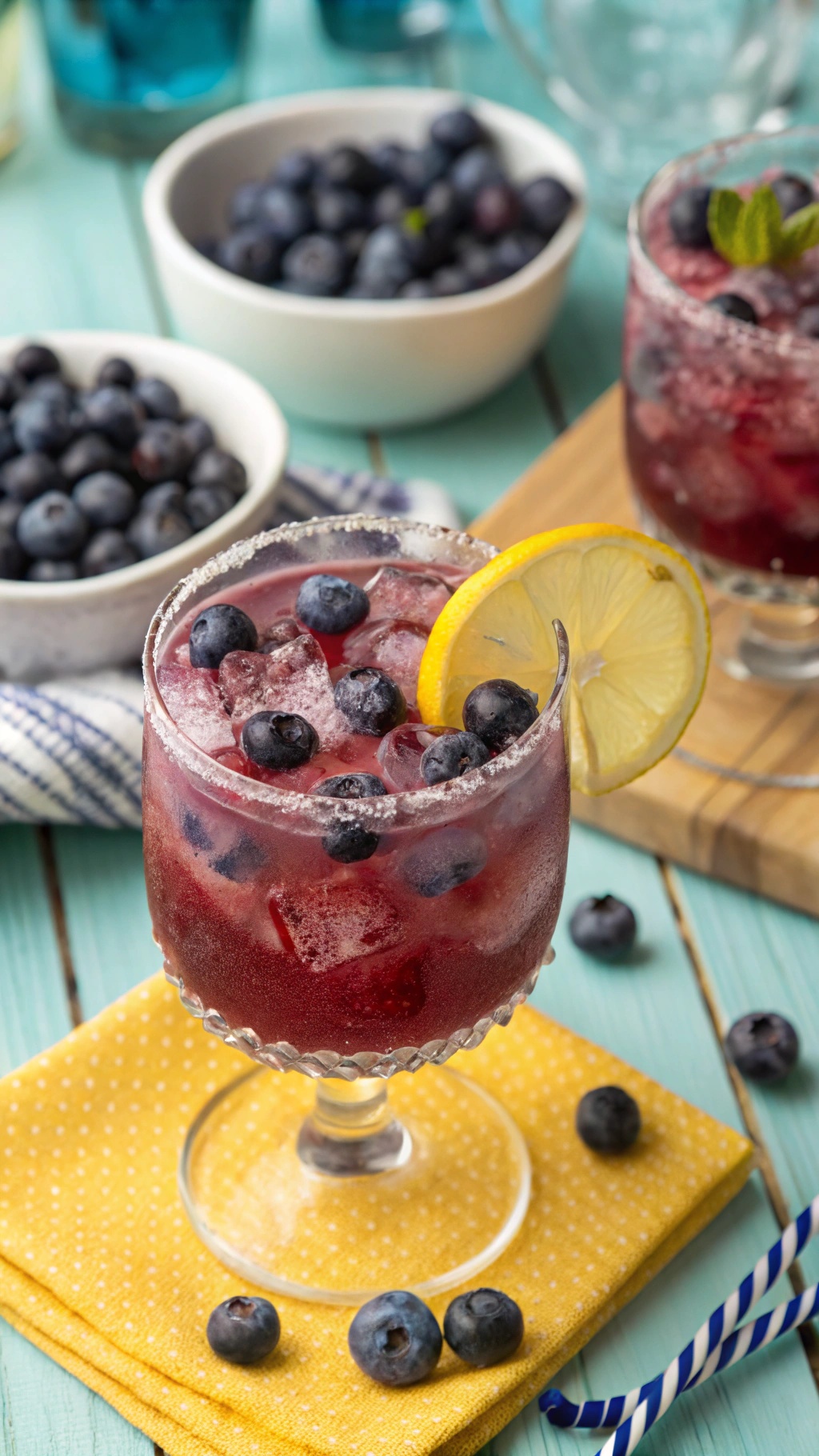 A refreshing Fruity Blueberry Skinny Margarita served in a glass with blueberries and a lemon slice.