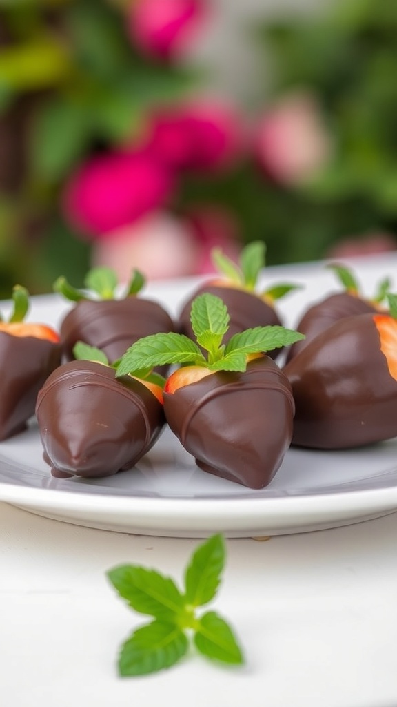 A plate of chocolate-covered strawberries garnished with mint leaves.