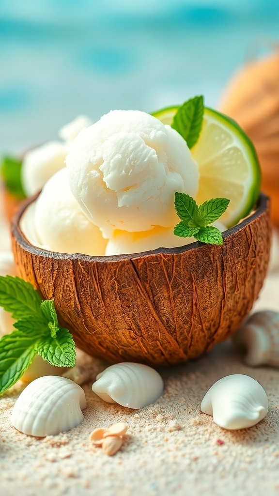 Coconut lime sorbet served in a coconut shell with mint leaves and lime slices