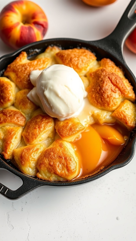 A delicious peach cobbler topped with ice cream, served in a cast iron skillet.