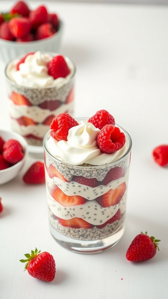 Two glasses of raspberry chia seed pudding layered with fresh raspberries and whipped cream.