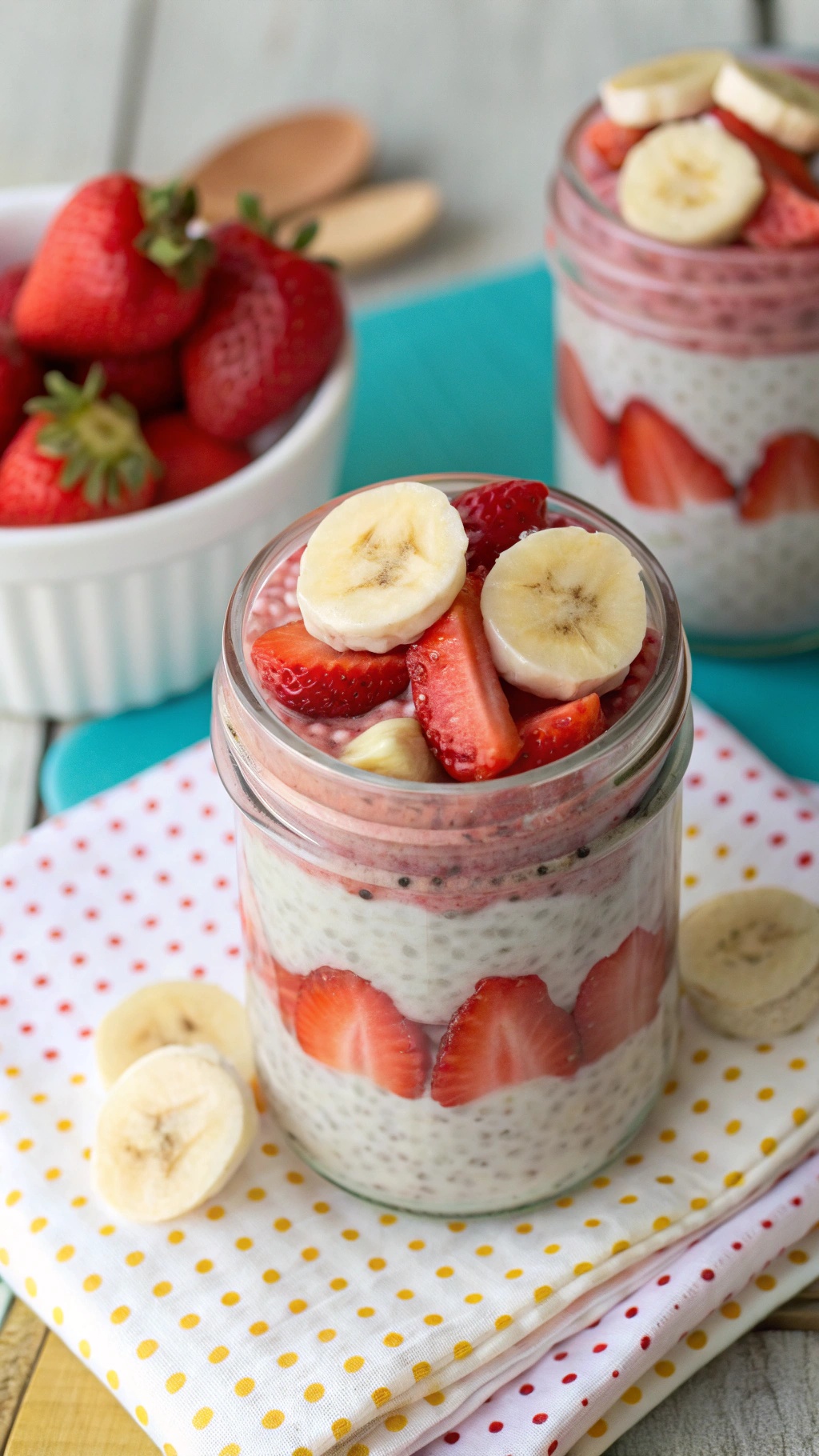 A jar of strawberry banana chia pudding with fresh strawberries and banana slices on top, placed on a colorful napkin.