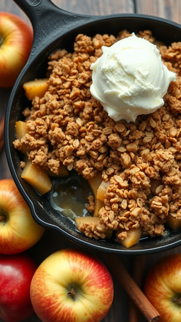 A delicious apple crisp topped with vanilla ice cream in a cast-iron skillet, surrounded by fresh apples and cinnamon sticks.