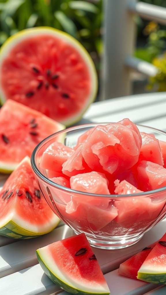A bowl of watermelon sorbet with watermelon slices around it.
