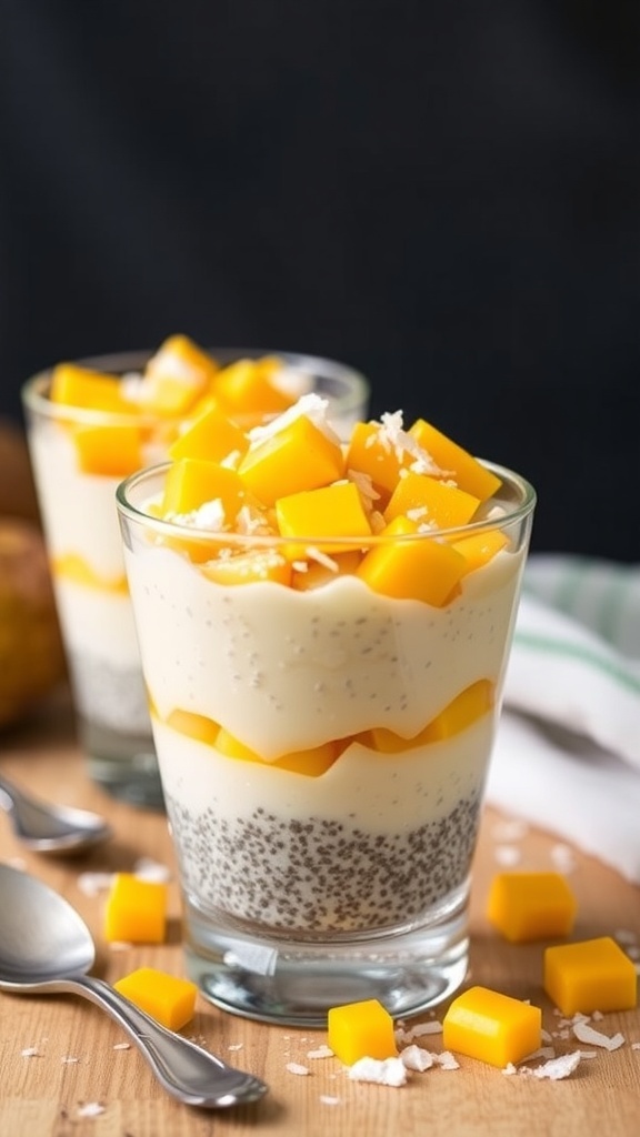A glass of tropical mango chia seed pudding with layers of chia seeds, coconut milk, and fresh mango, garnished with mint leaves.