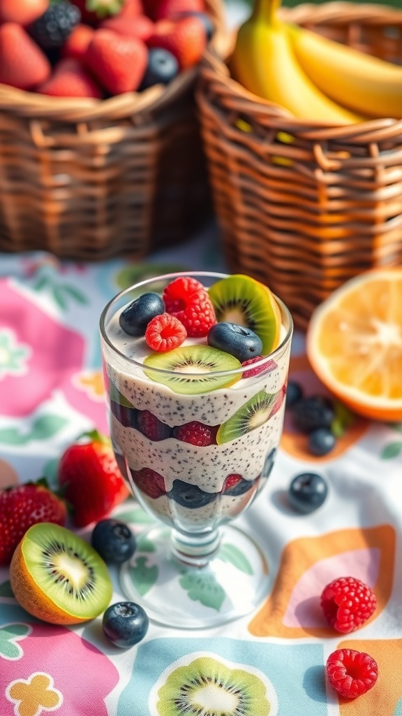 A glass of fruity chia seed pudding layered with kiwi, strawberries, blueberries, and raspberries, surrounded by baskets of fresh fruits.