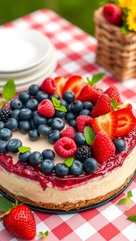 A delicious gluten-free fruity mixed berry cheesecake topped with fresh strawberries, blueberries, raspberries, and blackberries, displayed on a picnic table.