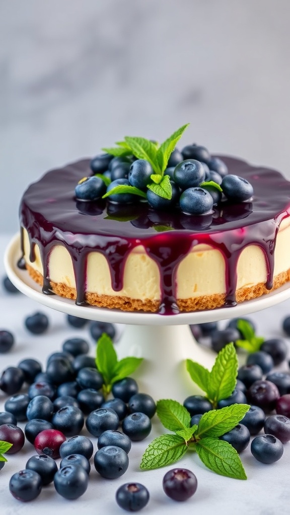A no-bake blueberry cheesecake topped with fresh blueberries and mint leaves on a white cake stand.