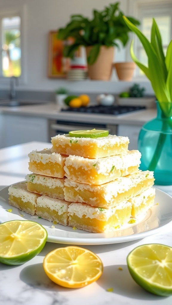 A stack of coconut lime bars on a plate with lime slices on the side, set in a bright kitchen.
