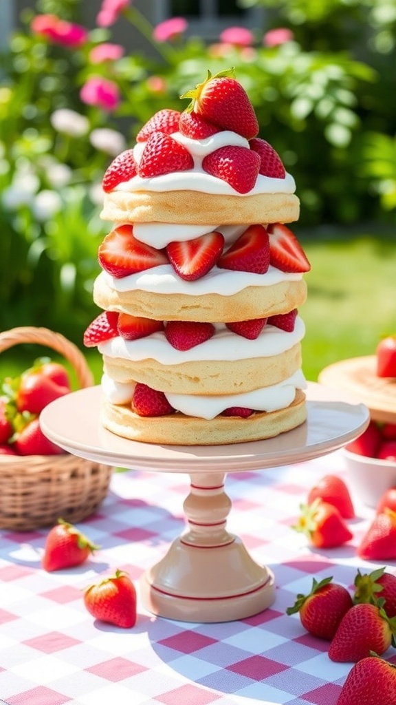 A beautiful no-bake strawberry shortcake with layers of sponge cake, whipped cream, and fresh strawberries, displayed on a cake stand outdoors.
