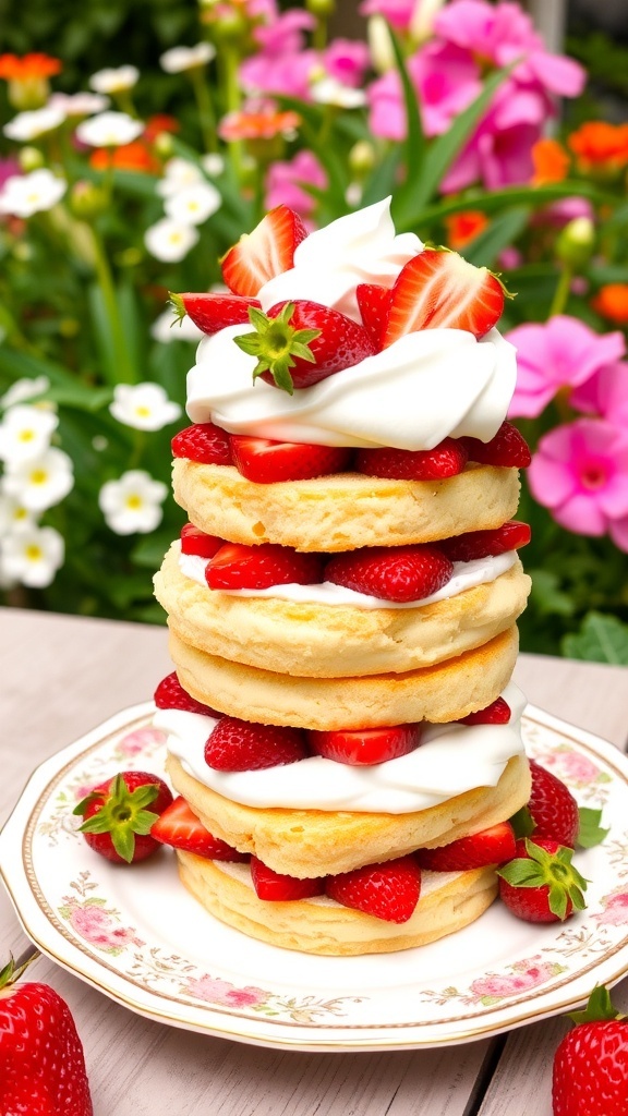 A stack of no-bake strawberry shortcake topped with whipped cream and fresh strawberries, surrounded by colorful flowers.