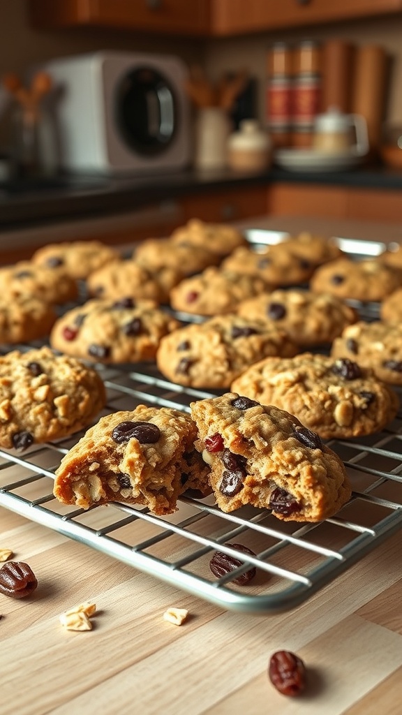 Freshly baked fruity oatmeal cookies with raisins cooling on a wire rack.