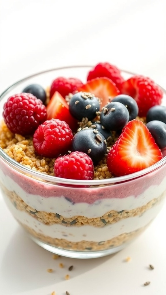 A colorful bowl of fruity quinoa pudding layered with yogurt and topped with fresh berries.