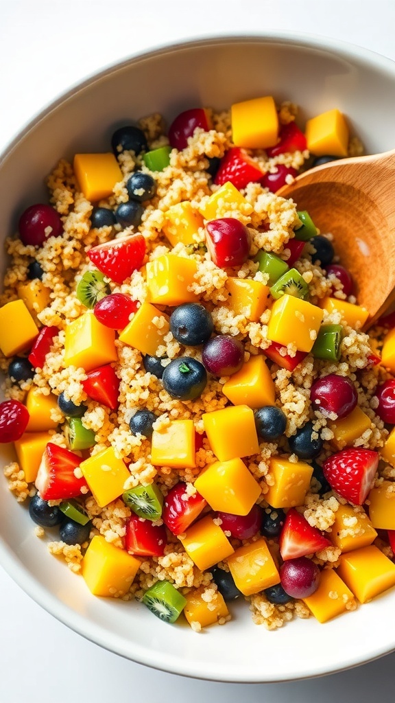 A colorful bowl of fruity quinoa salad with mango, strawberries, blueberries, kiwi, and grapes.