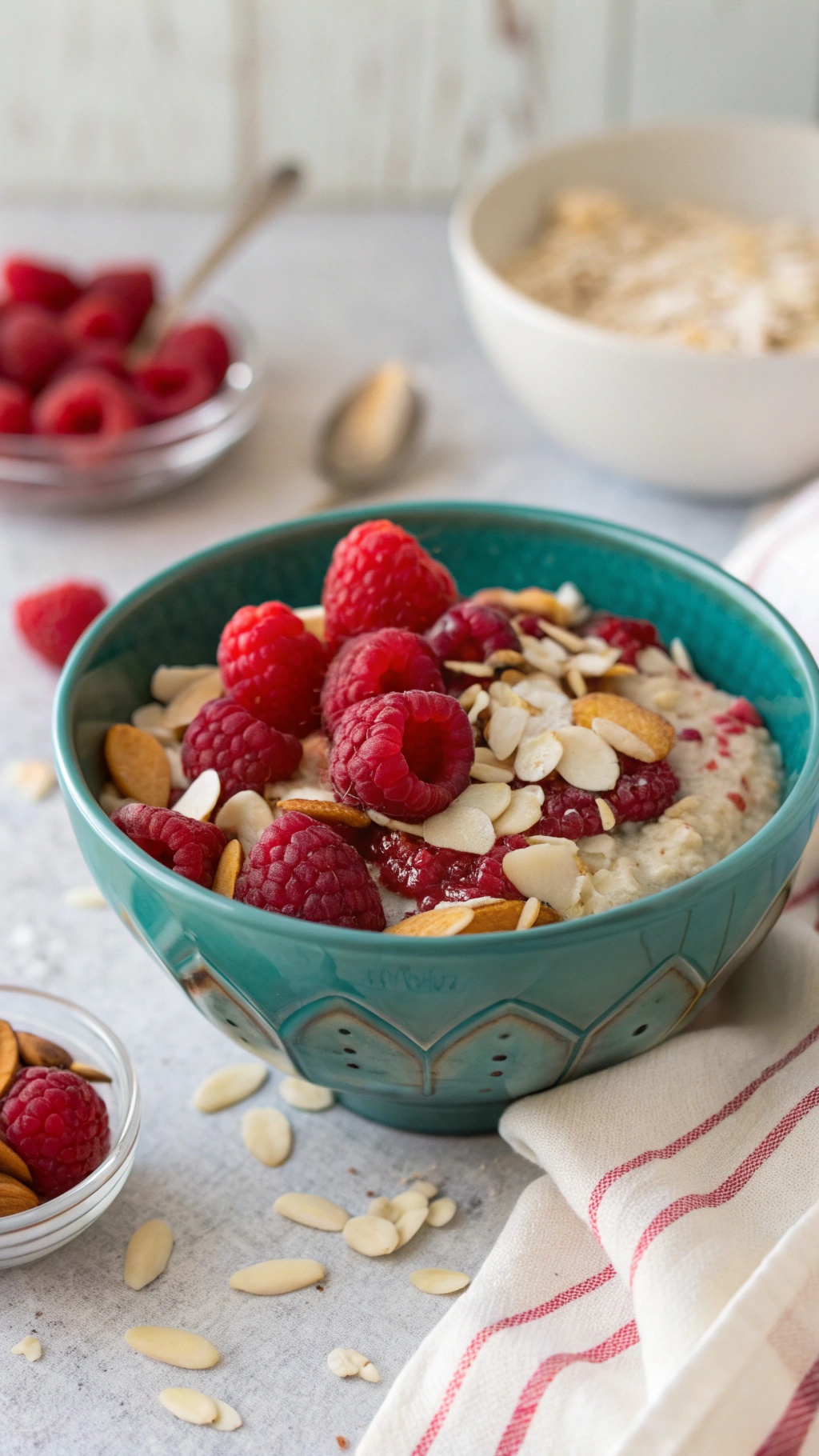 A bowl of overnight oats topped with raspberries and almonds