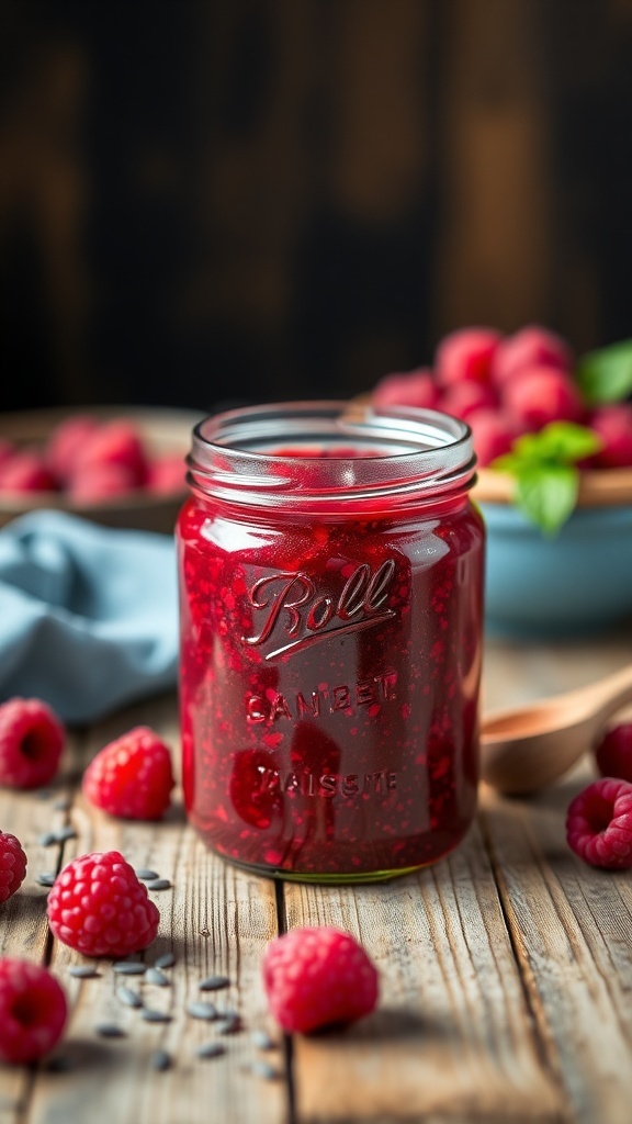 A jar of raspberry chia jam with fresh raspberries around it on a wooden table.