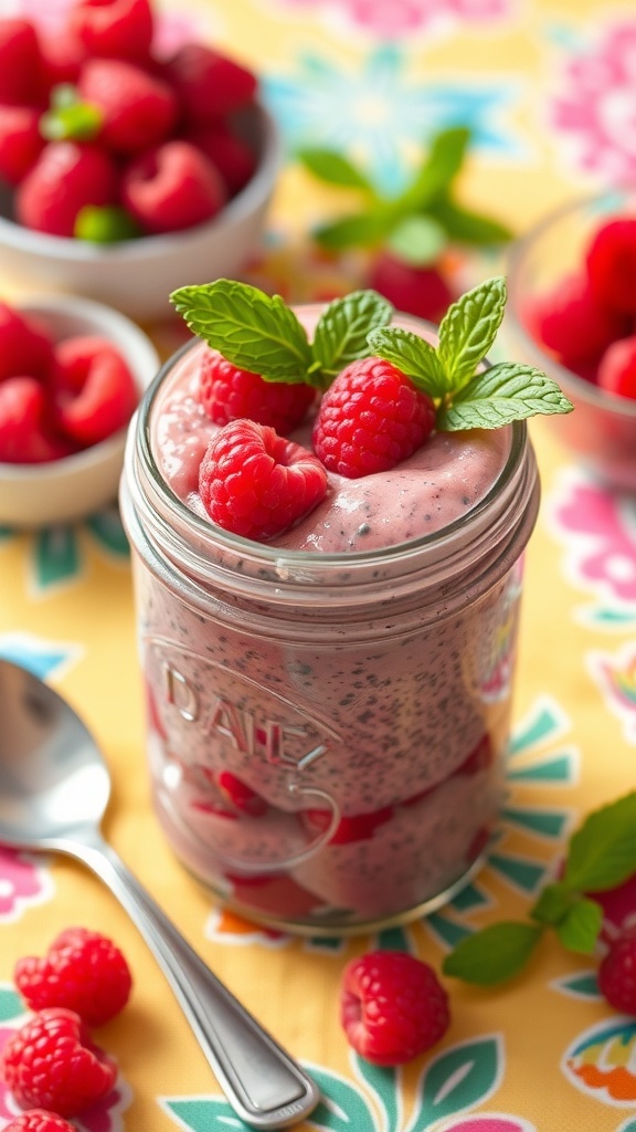 A jar of raspberry chia seed pudding topped with fresh raspberries and mint leaves, with more raspberries in the background.