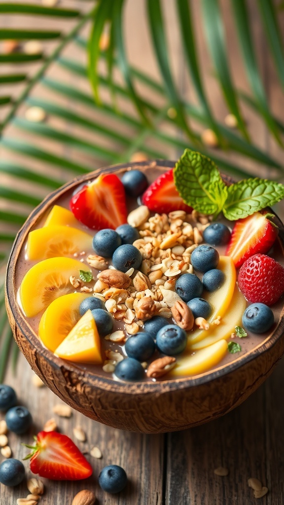 A colorful fruity smoothie bowl topped with strawberries, blueberries, peaches, and granola, garnished with mint leaves.