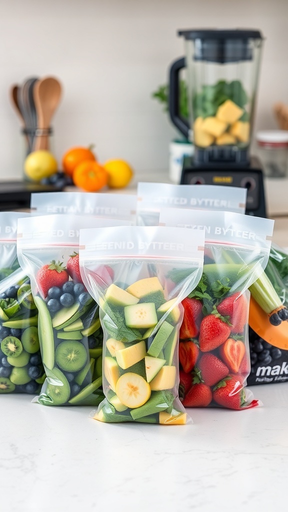 Colorful smoothie packs filled with fresh fruits and vegetables ready for blending.