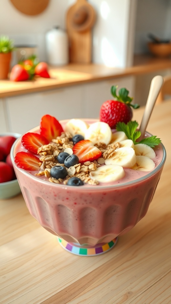 A colorful strawberry banana smoothie bowl topped with granola, sliced strawberries, bananas, and blueberries.