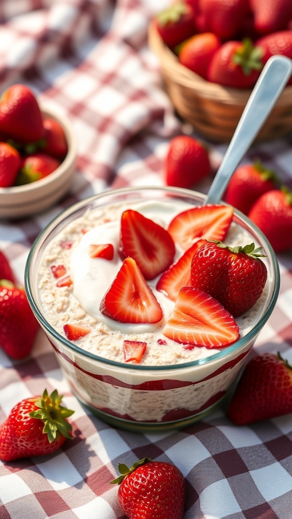 A delicious bowl of strawberry cheesecake overnight oats topped with fresh strawberries.