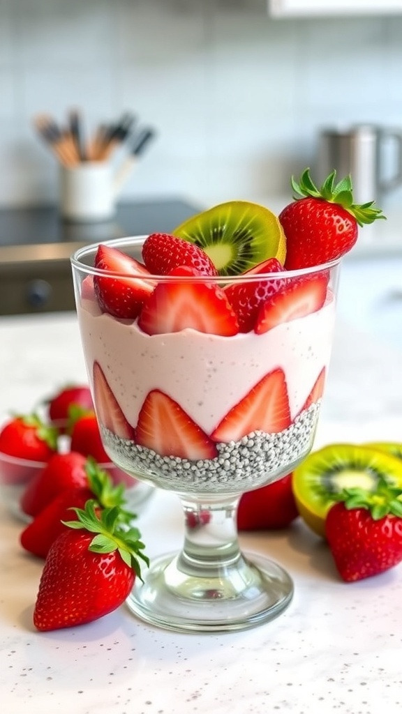 A glass of chia pudding layered with strawberries and kiwi, garnished with fresh fruit.