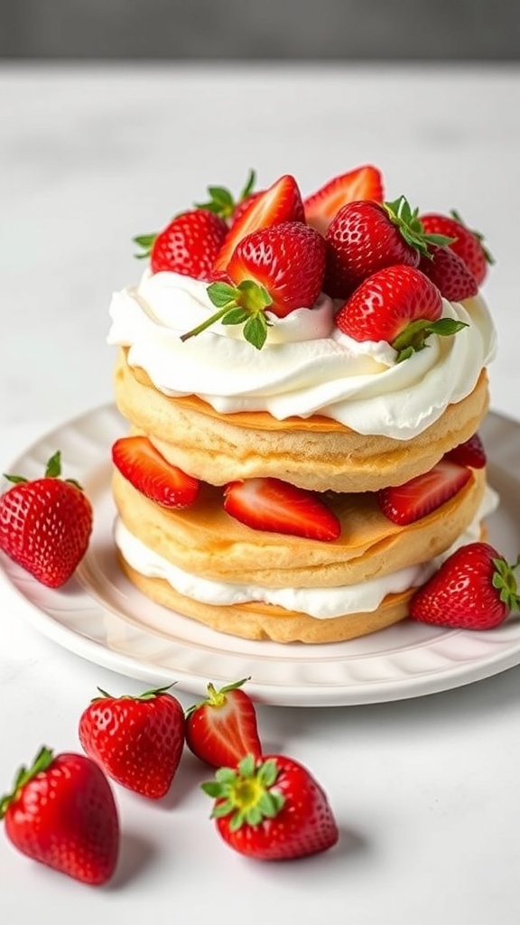 A delicious strawberry shortcake topped with fresh strawberries and whipped cream.
