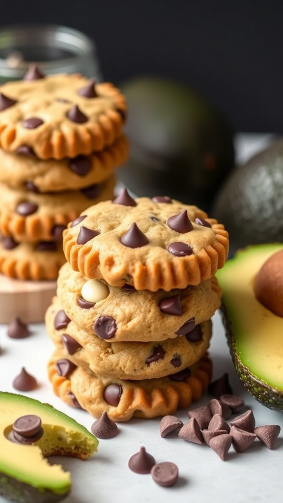 Chocolate chip cookies made with avocado, showcasing a soft texture and chocolate chips.