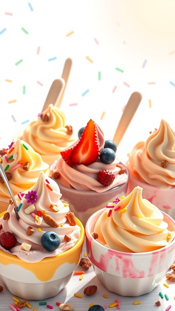 Colorful bowls of fruity vegan ice cream topped with fresh fruits and sprinkles.