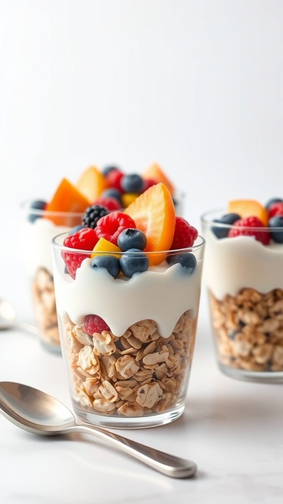 A close-up of fruity yogurt and granola cups with layers of yogurt, granola, and fresh fruits.
