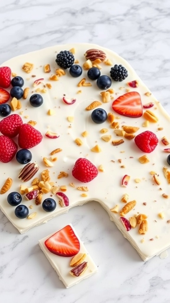 A colorful yogurt bark topped with fresh berries and nuts on a marble surface.