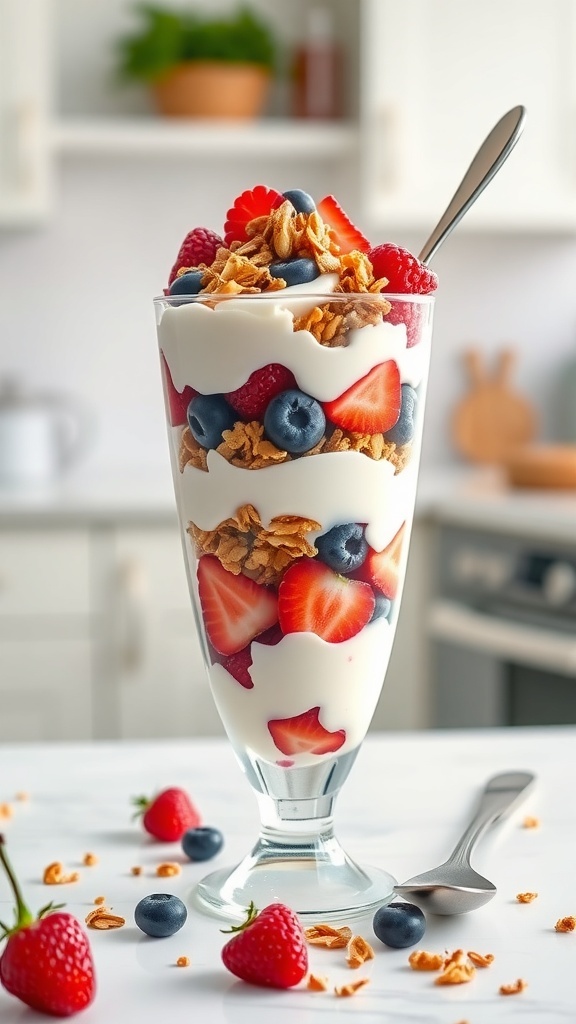 A colorful fruity yogurt parfait with layers of yogurt, granola, and mixed berries in a tall glass.