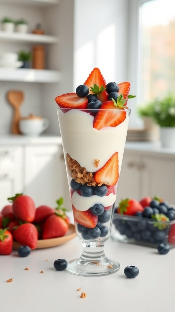 A colorful yogurt parfait with strawberries and blueberries in a glass.