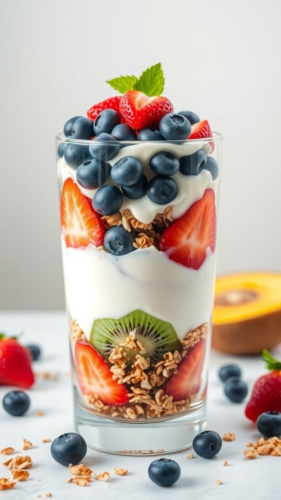 A colorful yogurt parfait with layers of yogurt, strawberries, blueberries, kiwi, and granola, topped with mint leaves.