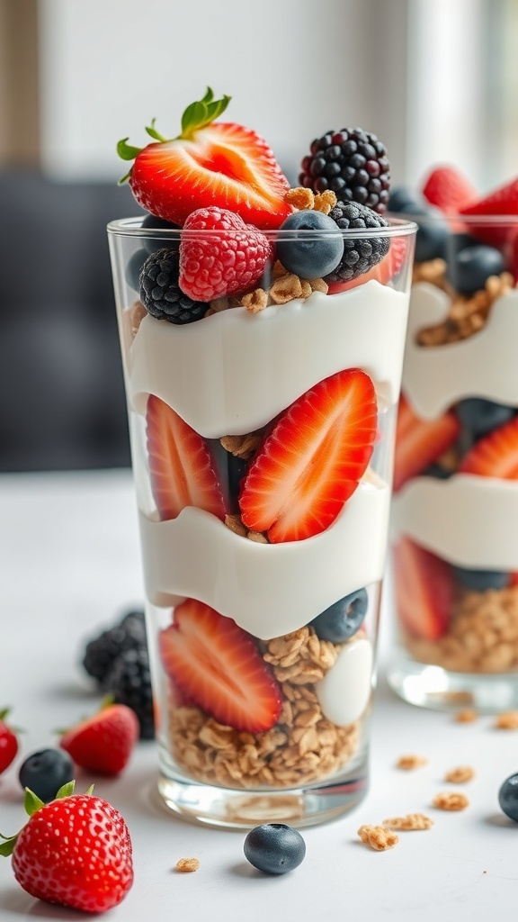 A delicious fruity yogurt parfait with layers of yogurt, granola, and mixed berries.