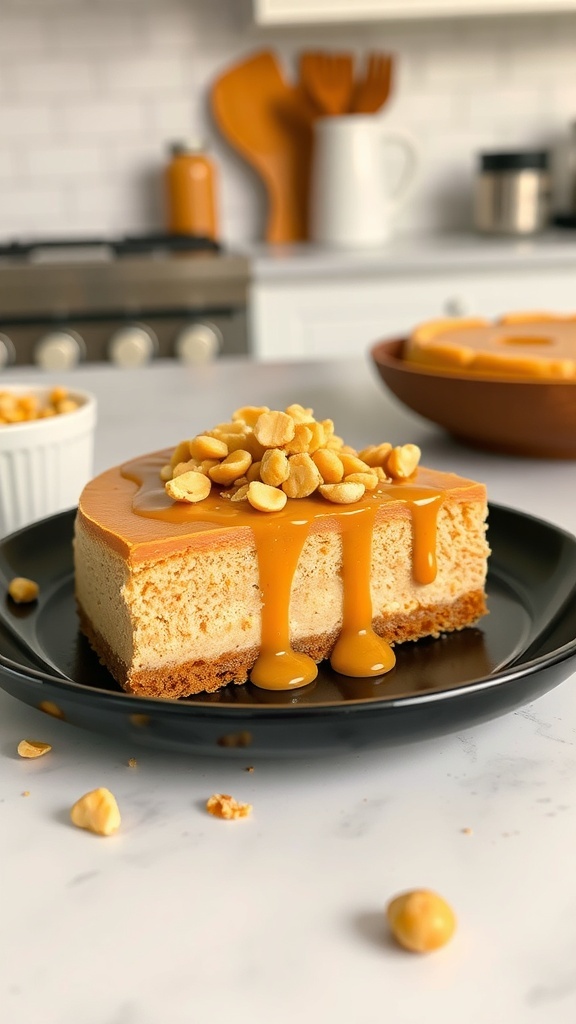 A slice of peanut butter cheesecake topped with peanuts and caramel sauce on a black plate.