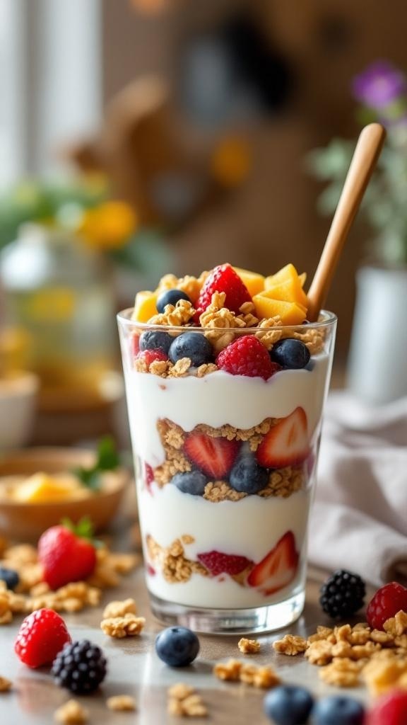 A colorful Greek yogurt parfait with layers of yogurt, granola, and fresh fruits.