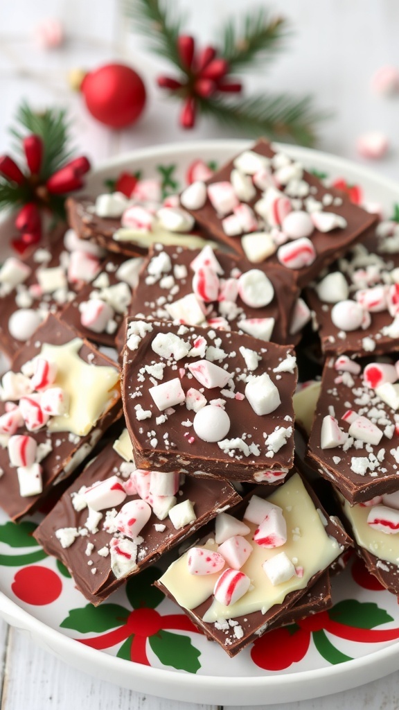 A festive platter of peppermint bark decorated with crushed peppermint candies.