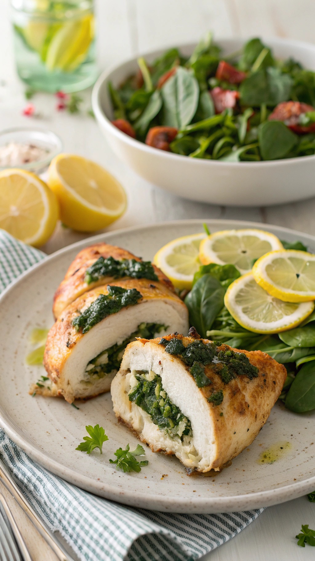 Spinach and feta stuffed chicken breast served with lemon slices and a fresh salad.