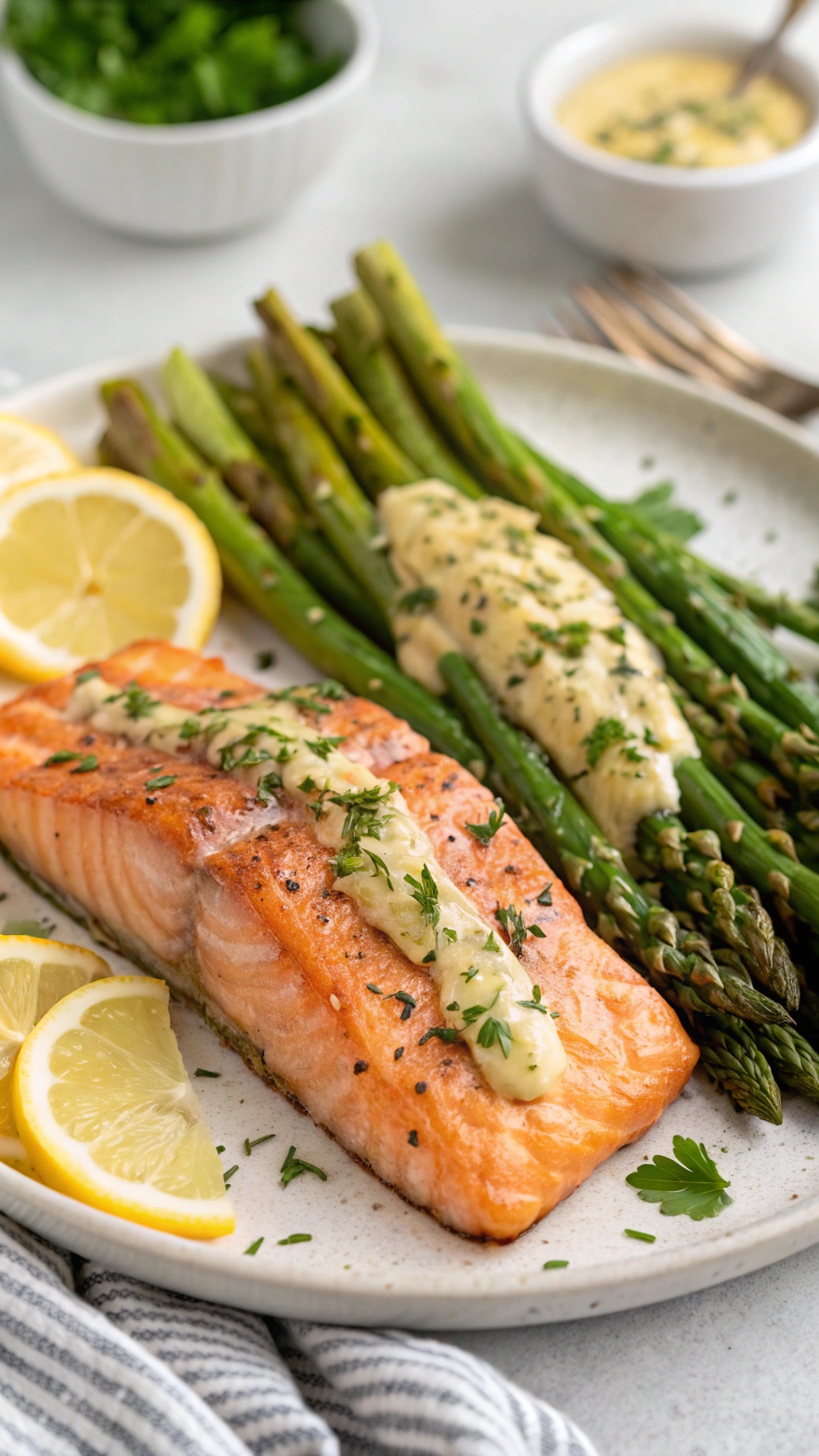 Garlic butter baked salmon with asparagus on a plate, garnished with lemon slices and parsley.