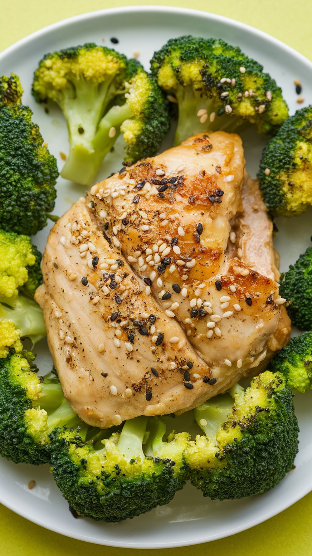 A plate of garlic butter chicken breast surrounded by broccoli florets.