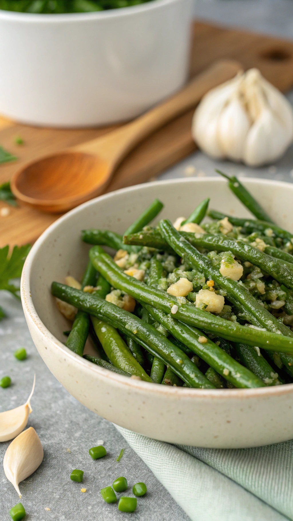 A bowl of garlic butter sautéed green beans with garlic cloves in the background.